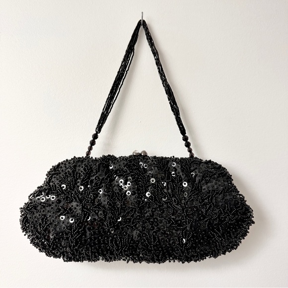 Vintage Elegant FRANCHI Black Beaded Sequin Cocktail Evening Bag Purse - Picture 1 of 16